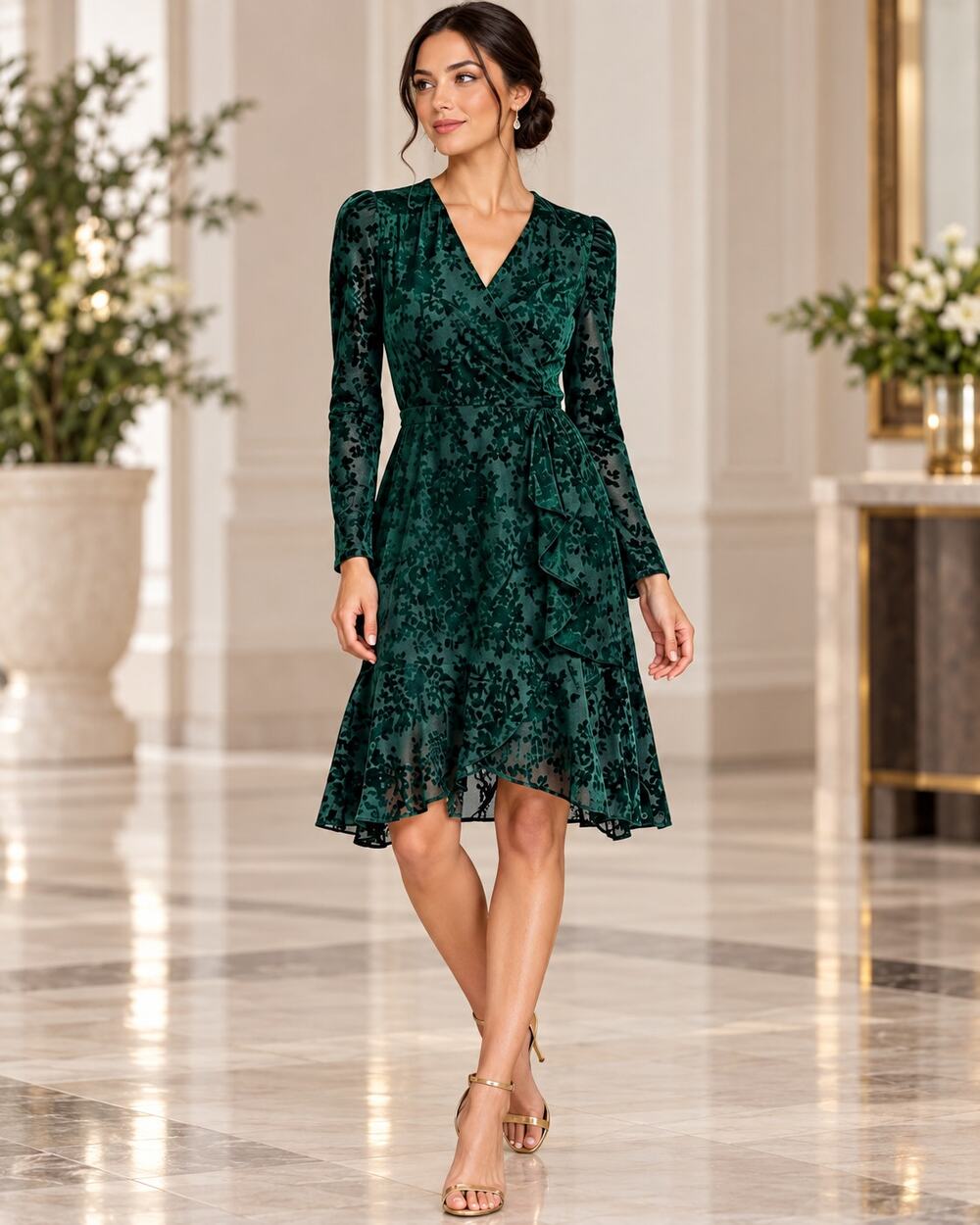 Tommy Hilfiger Green Velvet Floral Faux Wrap Ruffle Dress Size 2 NWT
